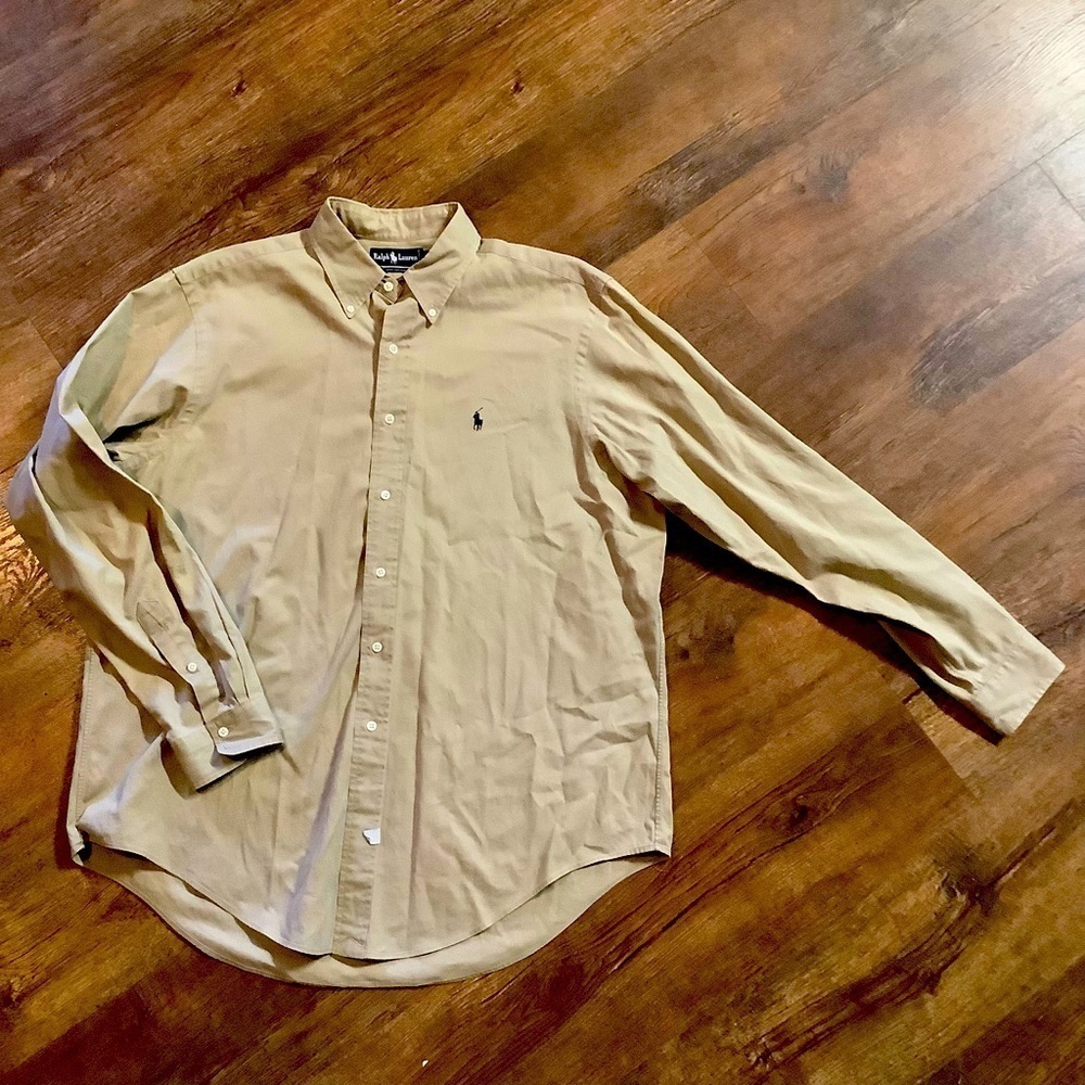 Vintage 90s Ralph Lauren Long Sleeve Button Shirt Khaki Size XL Classic Neutral